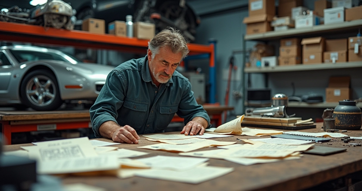 Mecânico trabalhando em oficina desorganizada com vários papéis sobre a bancada 