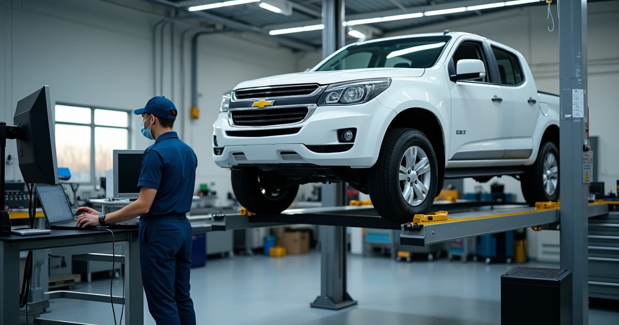 Oficina com carro leve em diagnóstico, técnico usando equipamentos modernos