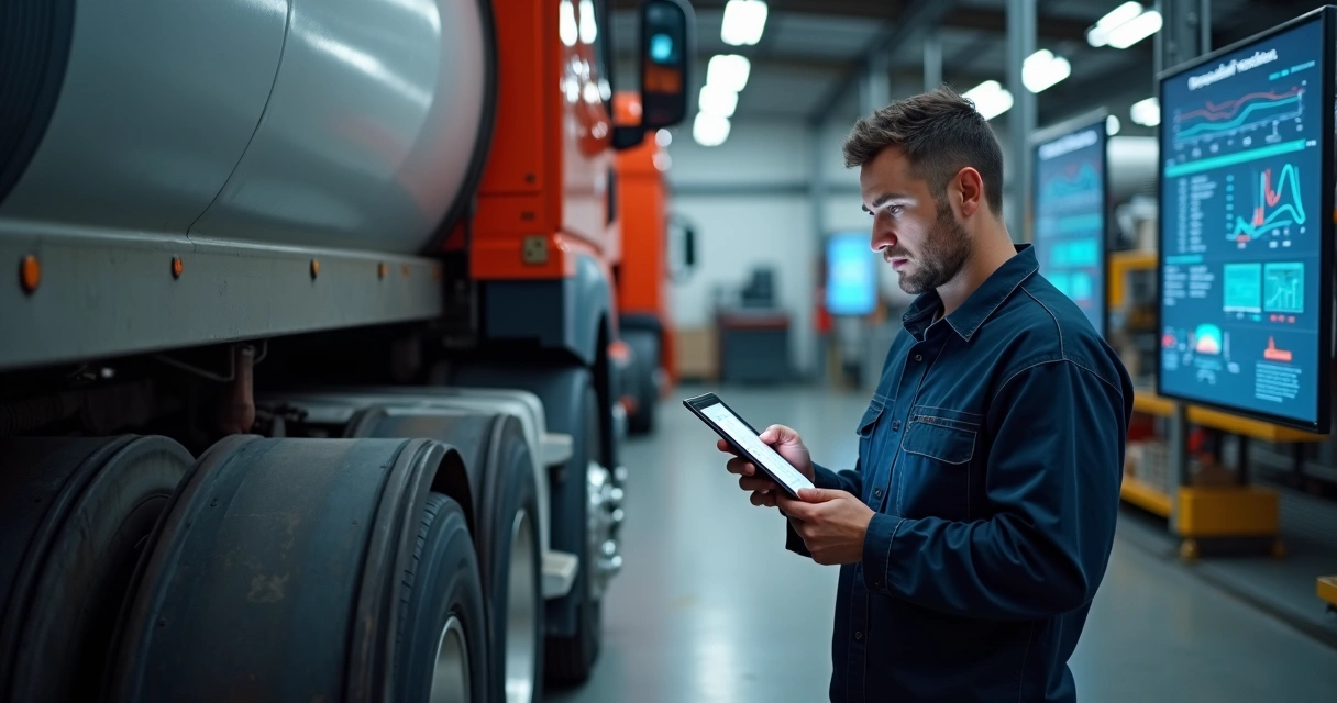 Mecânico em oficina digital conferindo documentos digitais de caminhão