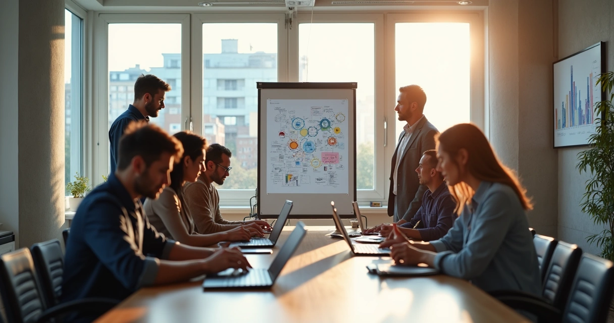 Equipe de tecnologia programando em ambiente moderno com quadros e tablets 