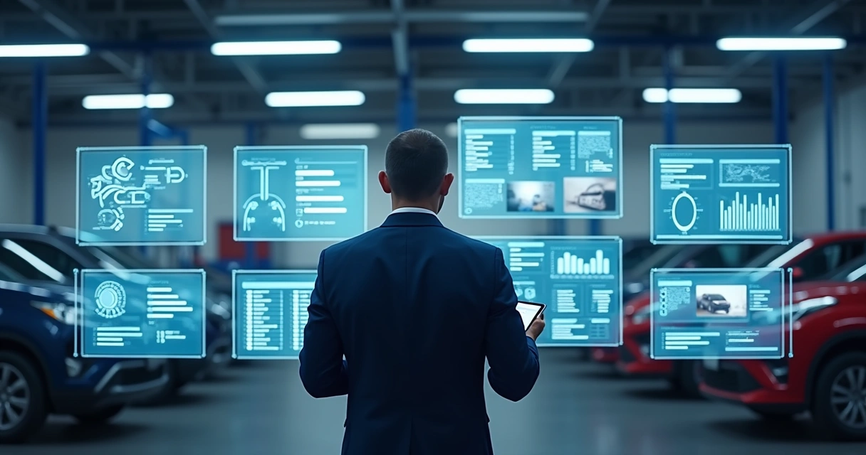 Gestor analisando painéis digitais 360 graus de oficina mecânica, com telas modernas exibindo relatórios e fotos de veículos 