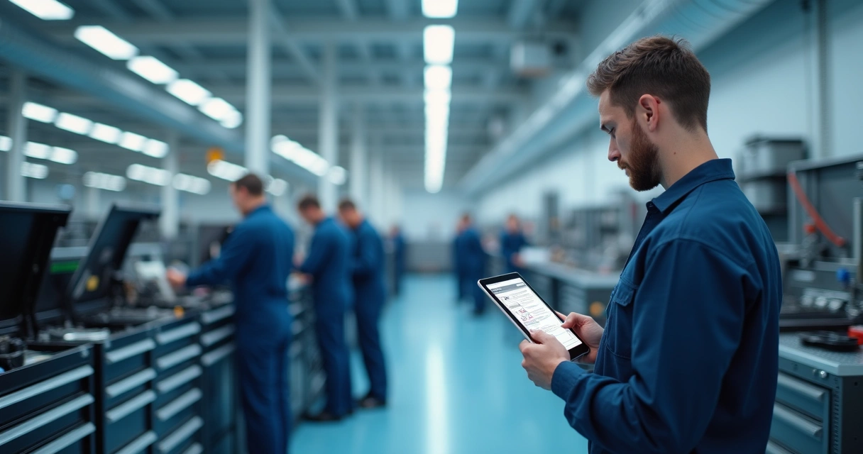 Técnico preenche ordem de serviço em tablet na oficina azul clara 