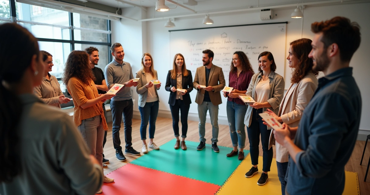 Profissionais participando de uma dinâmica em grupo, em pé, trocando ideias 