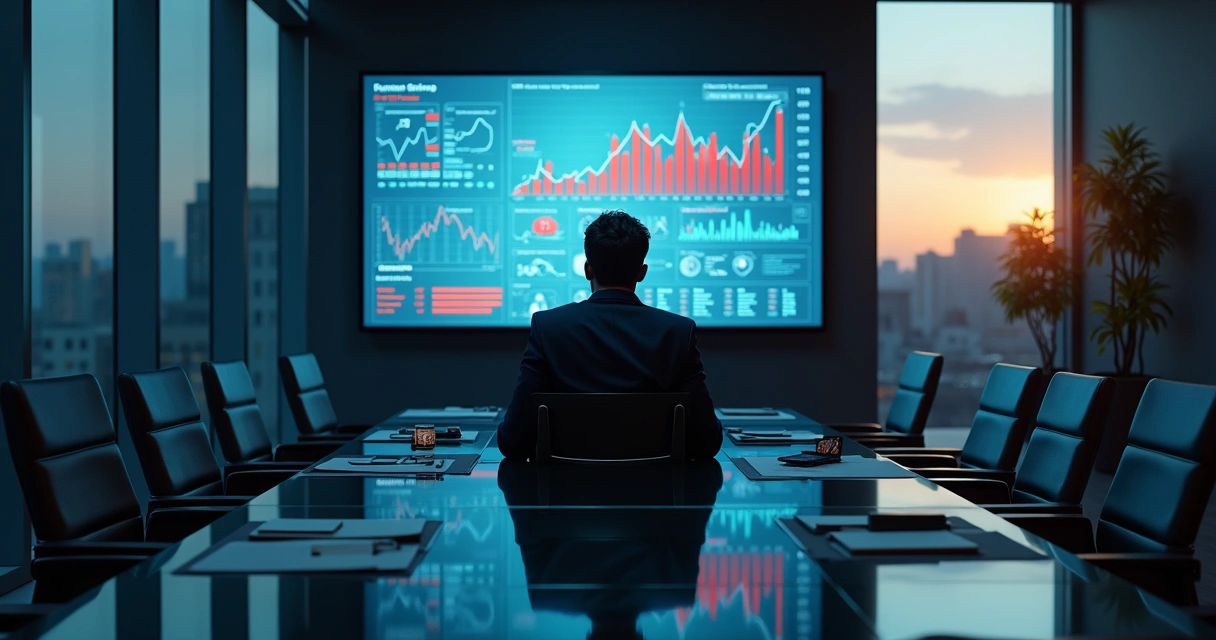 Ejecutivo en oficina moderna con sombras oscuras y gráficos financieros cayendo 