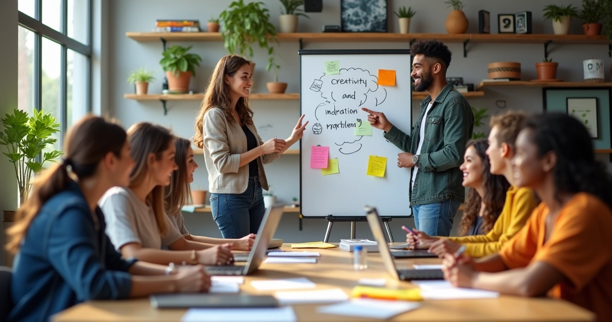 Grupo diverso participando de oficina prática de educação empreendedora em ambiente moderno e iluminado 