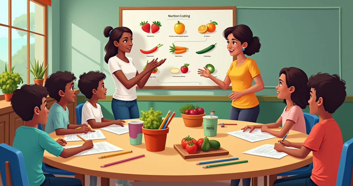 Crianças participam de oficina de educação nutricional em escola. 