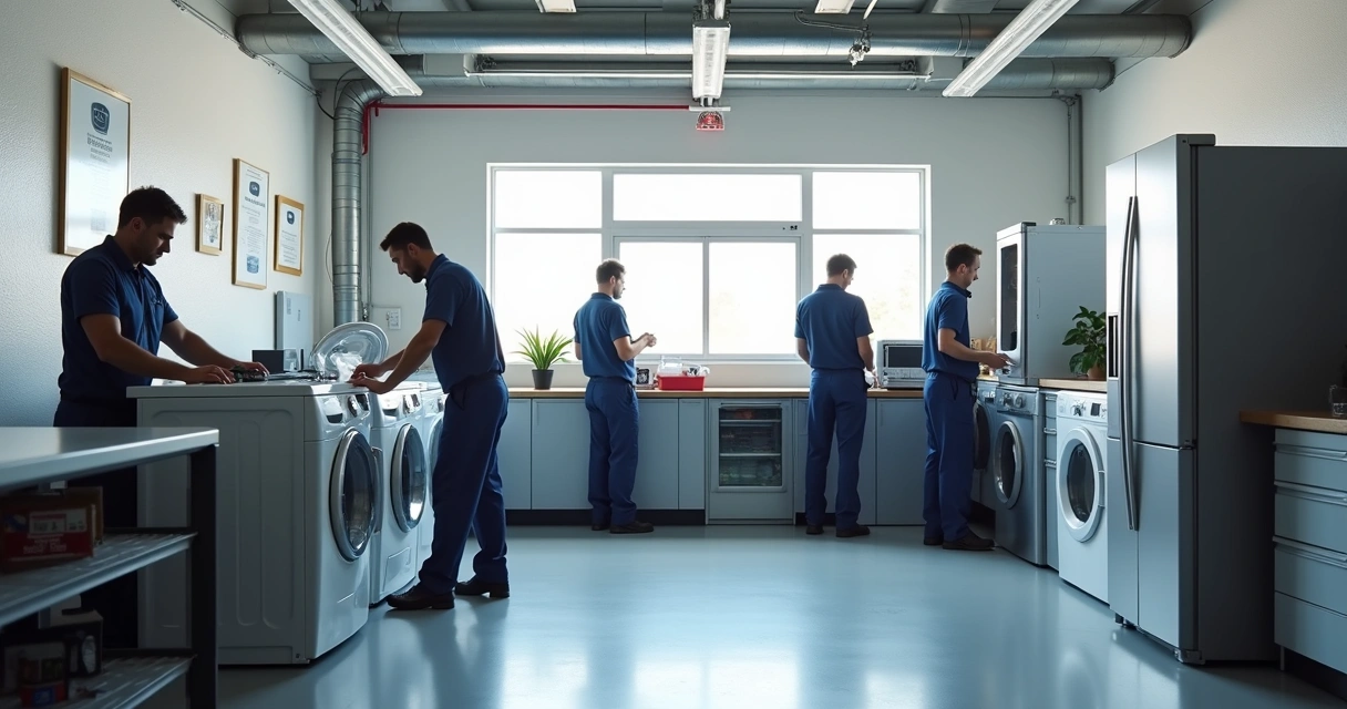 Oficina com técnicos trabalhando em diferentes eletrodomésticos 