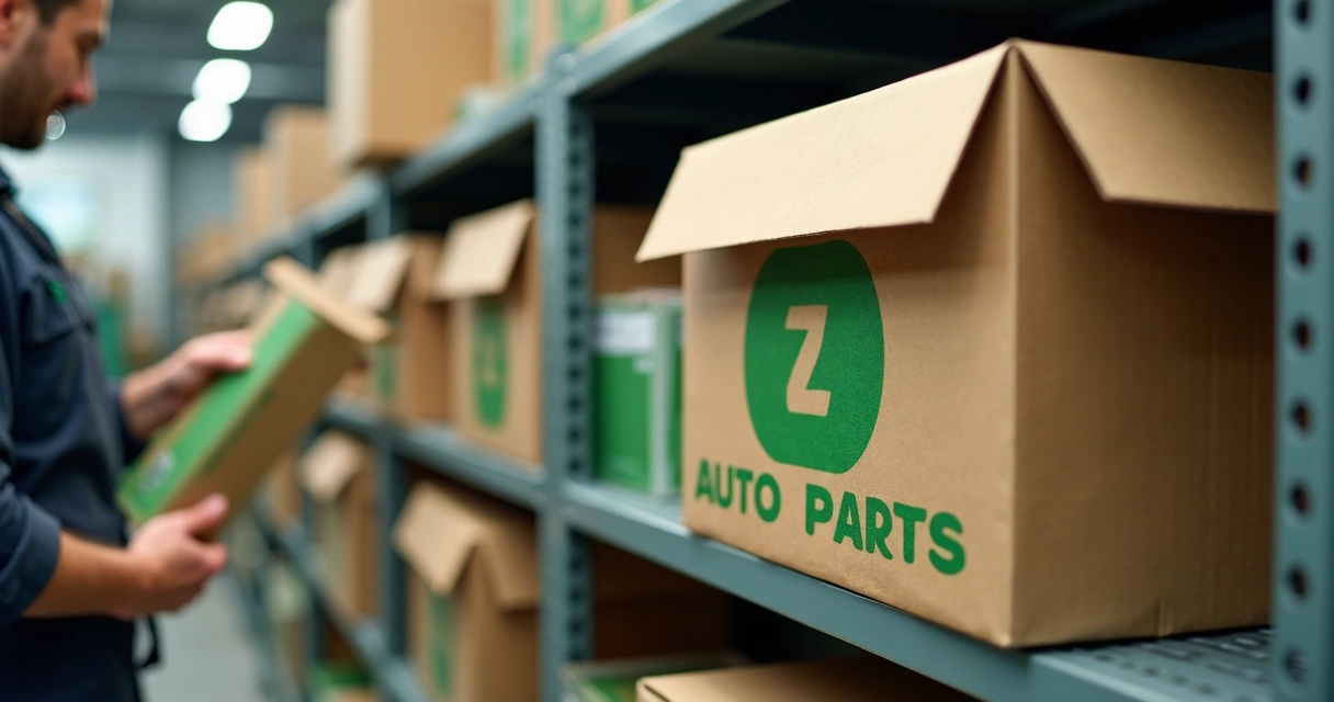 Caixas de autopeças feitas de papelão ecológico e um funcionário da oficina organizando itens no estoque 