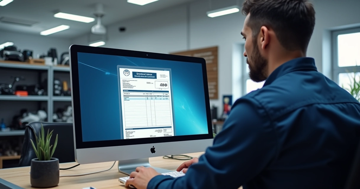 Oficina mecânica com computador emitindo nota fiscal eletrônica 
