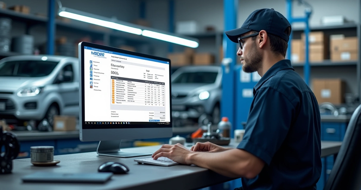 Oficina automotiva com funcionário em uniforme usando computador para emitir nota fiscal eletrônica