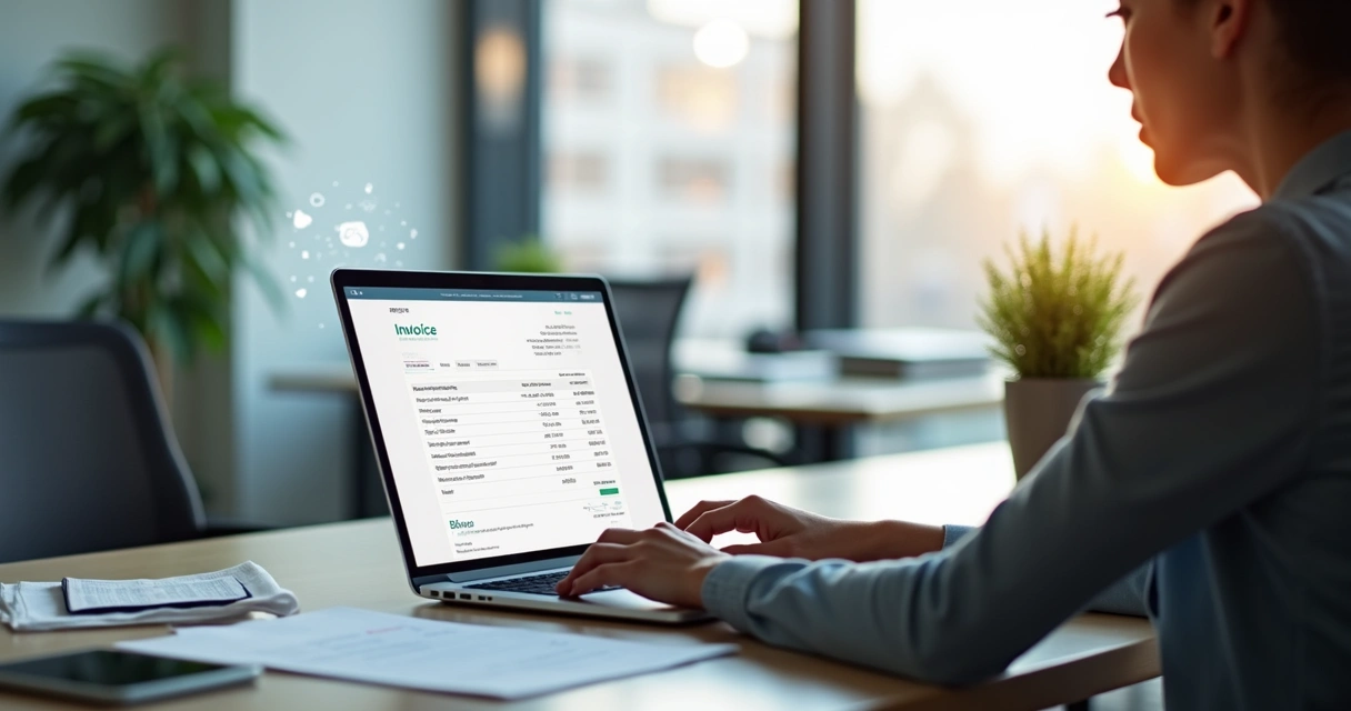 Persona en oficina frente a una computadora emitiendo factura electrónica 