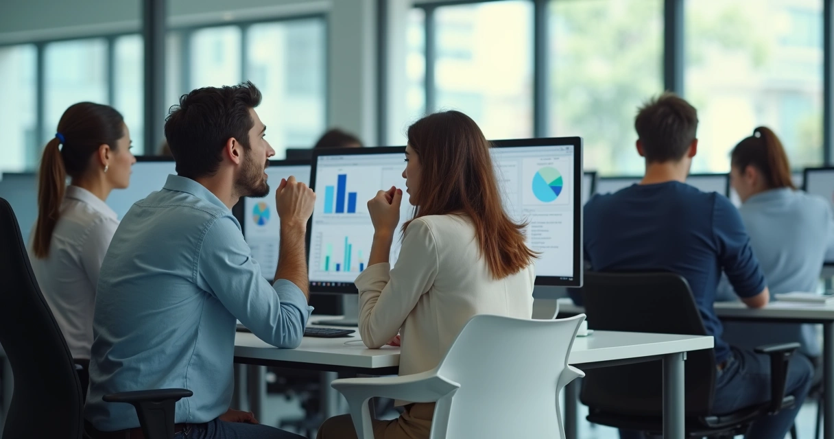 Equipos de trabajo en una oficina moderna, algunos mostrando incomodidad y otros calmados