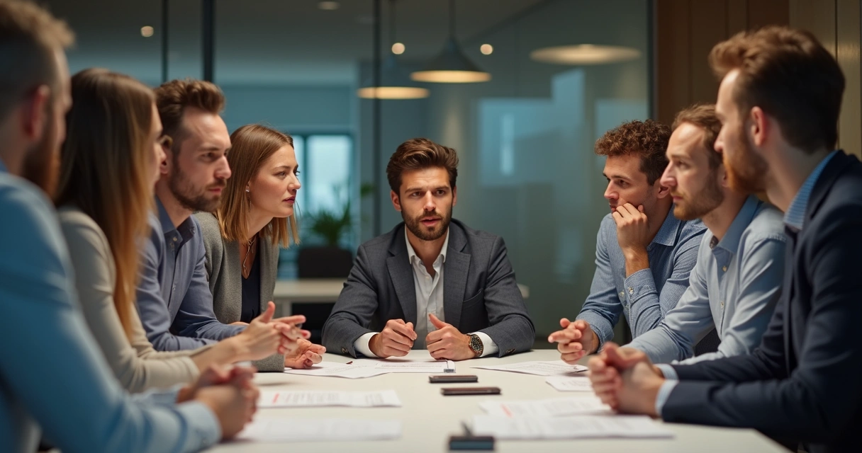 Personas en una oficina mostrando diferentes expresiones emocionales, algunas sutiles, mientras discuten en grupo. 