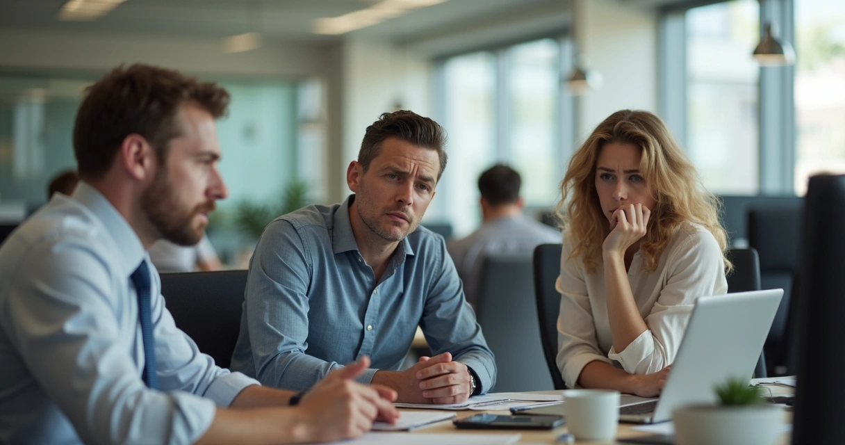 Empleados en oficina con ambiente tenso, miradas esquivas y gestos preocupados