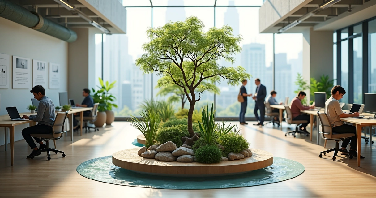 Oficina moderna con espacio verde central usado para pausa emocional consciente 