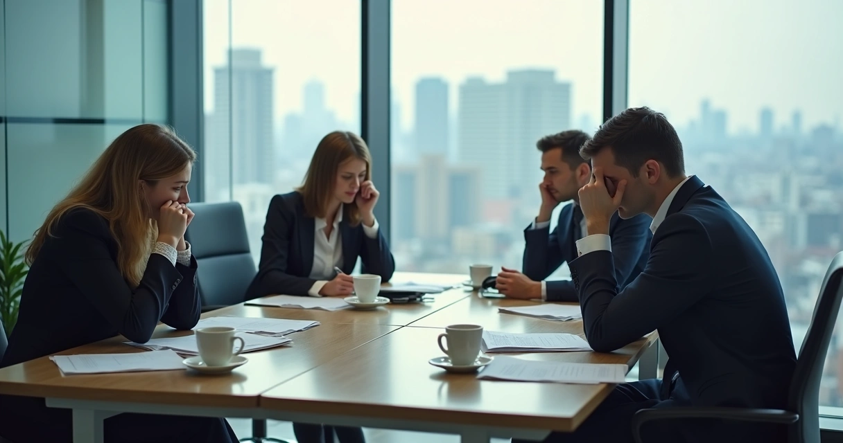 Equipo de oficina mostrando signos de cansancio y estrés