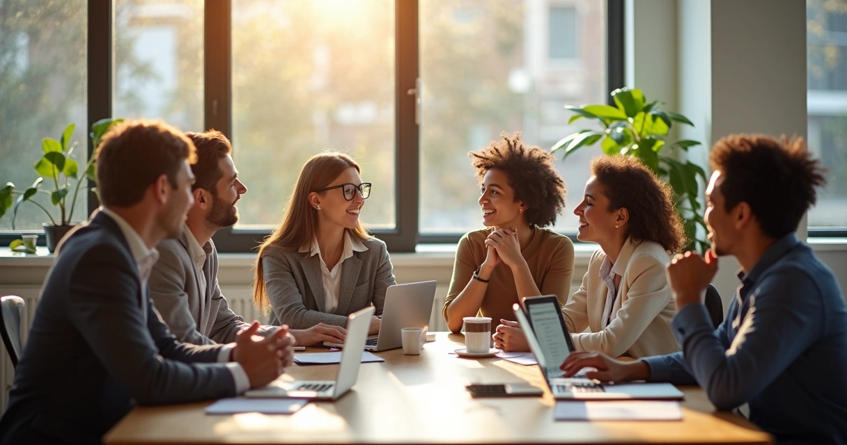 Equipo en oficina dialogando de forma tranquila y atenta
