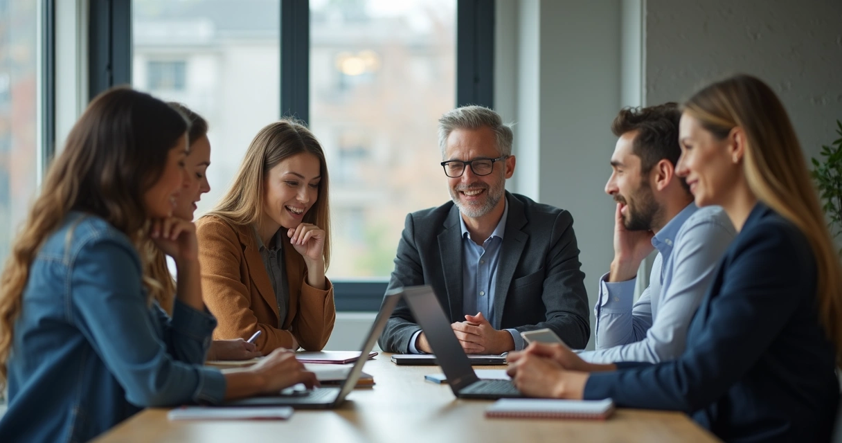 Equipo de oficina en mesa redonda, rostros mostrando diferentes emociones 