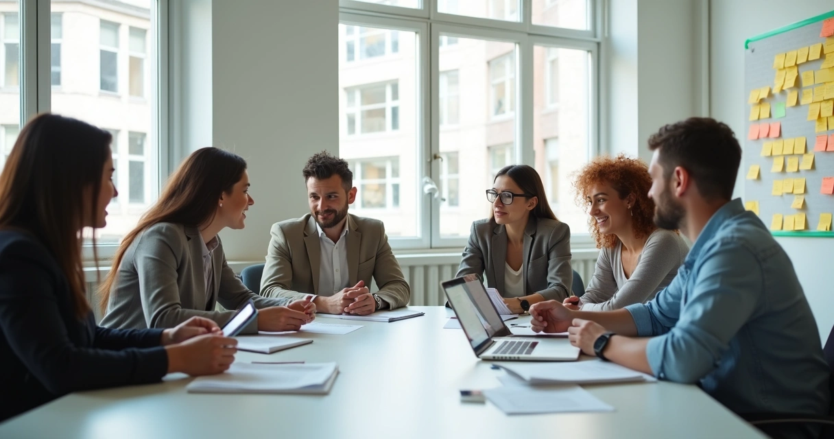 Personas en una oficina conversando y compartiendo ideas en un ambiente de trabajo colaborativo 