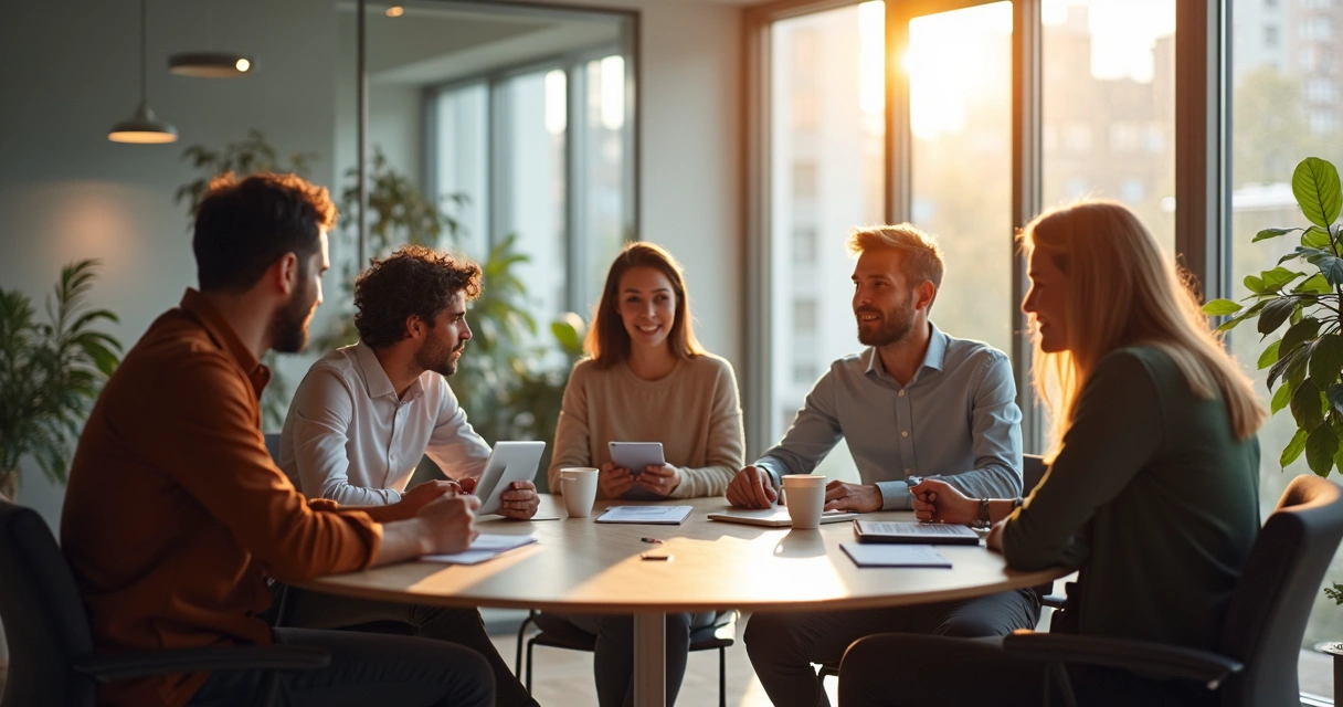Grupo mixto de personas de diferentes edades reunidos en una oficina moderna, colaborando en una mesa redonda