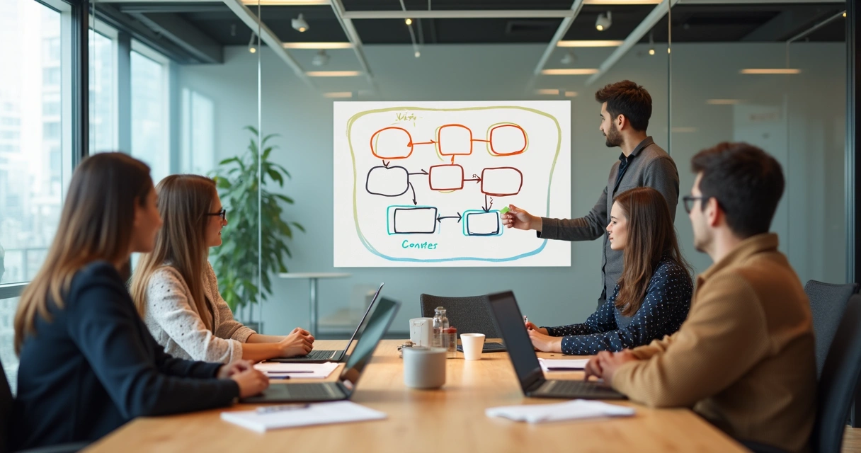 Equipo de oficina observando un organigrama con patrones repetidos 