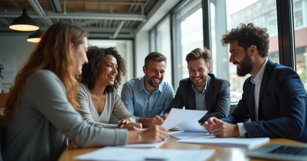 Equipo en una oficina mostrando emociones y razonando