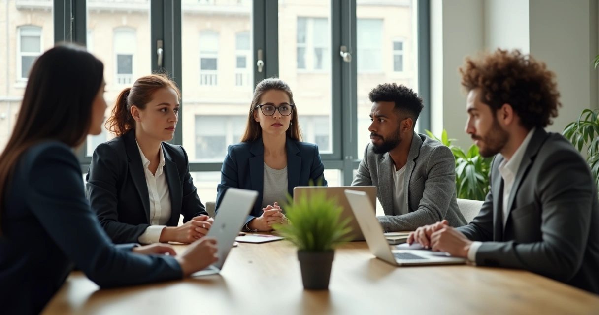 Personas sentadas en una mesa de oficina compartiendo miradas y gestos sutiles 