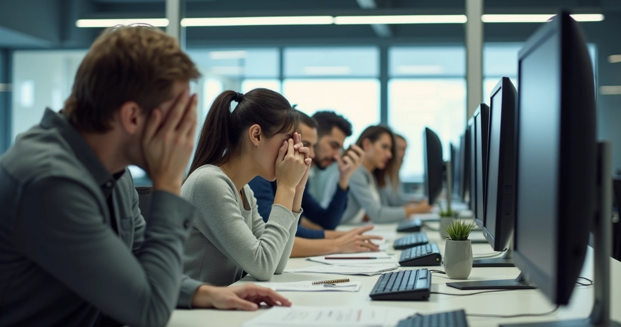 Personas en una oficina con gestos de estrés y conflicto 