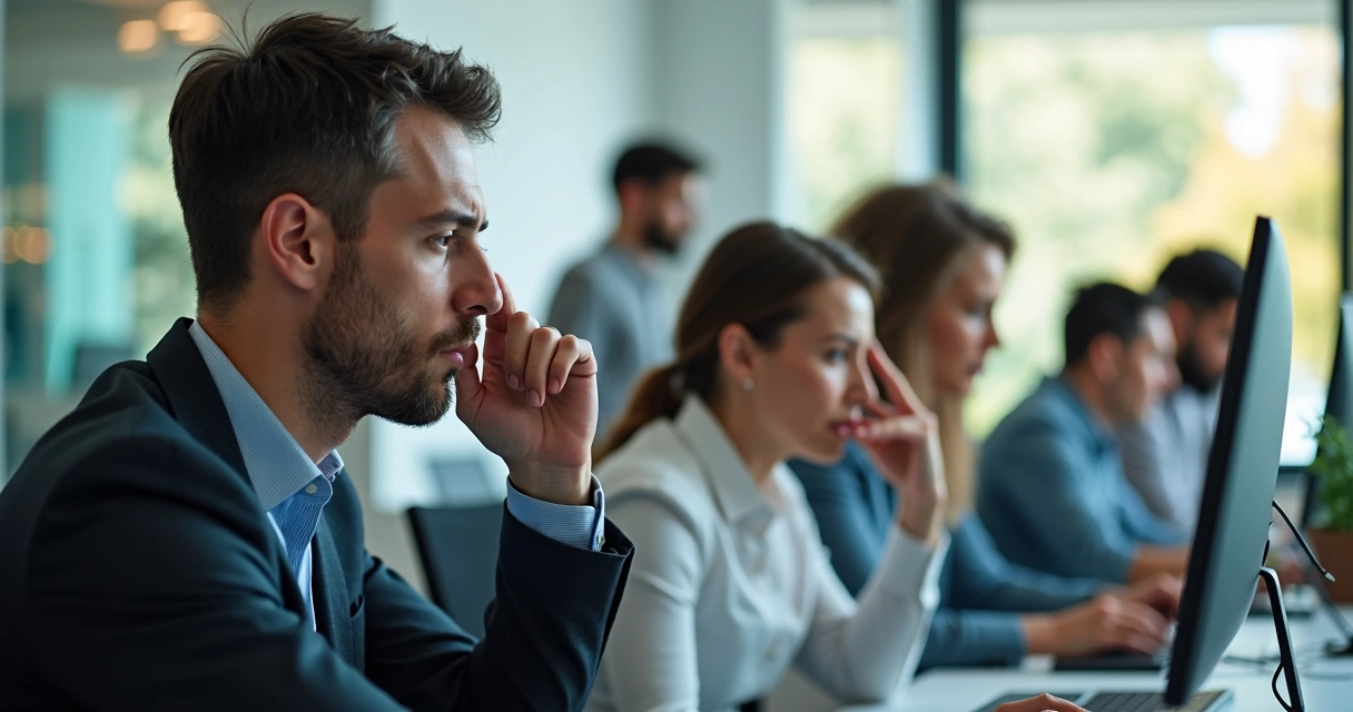 Personas en oficina con ambiente tenso, fondo con detalles relajantes 
