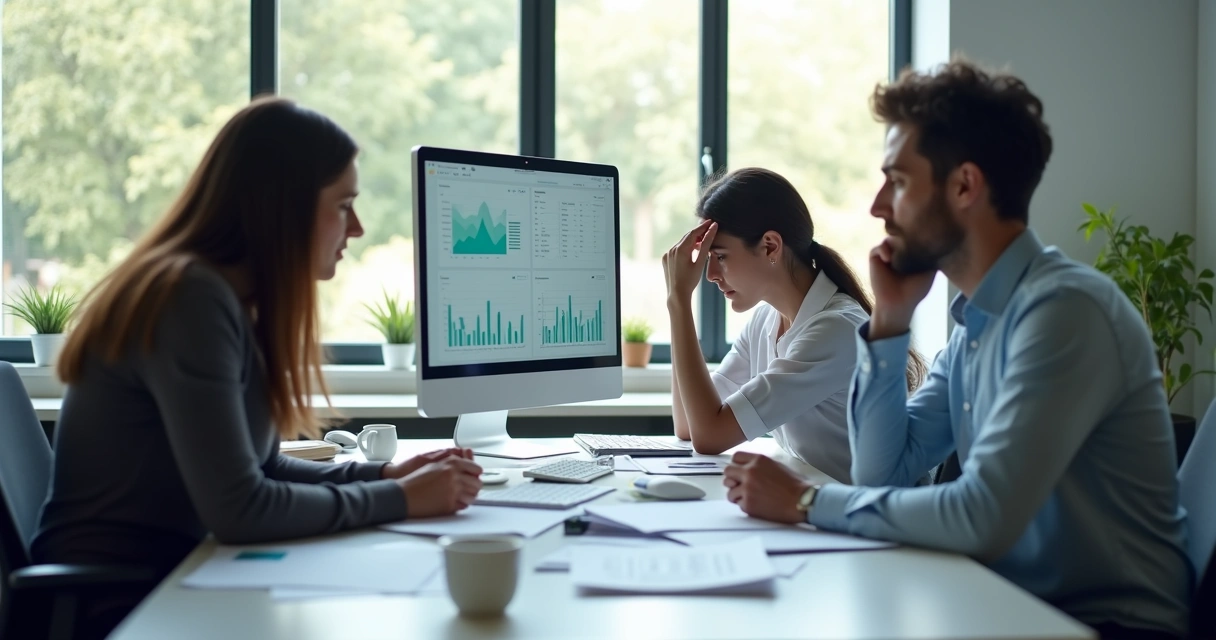 Personas trabajando en una oficina, una de ellas con gesto de estrés, mirando varios papeles sobre un escritorio. 