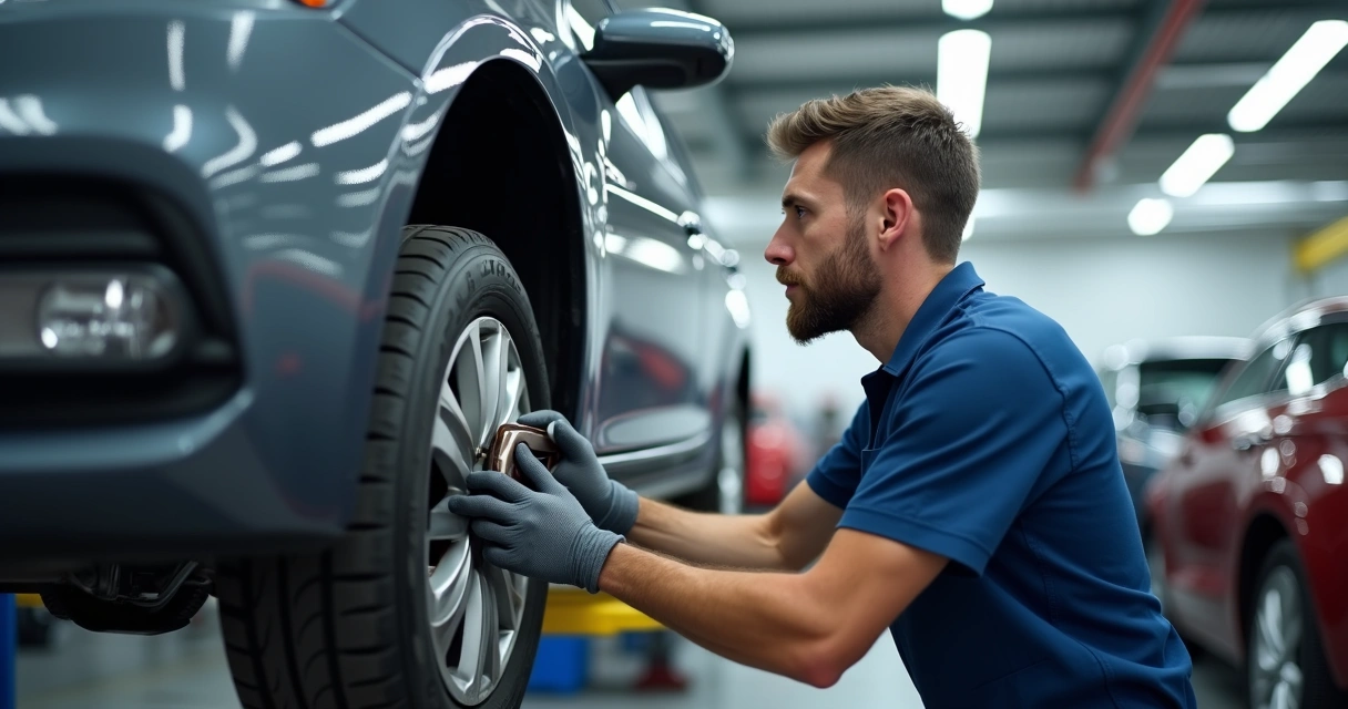 Técnico de oficina trocando pastilhas de freio 