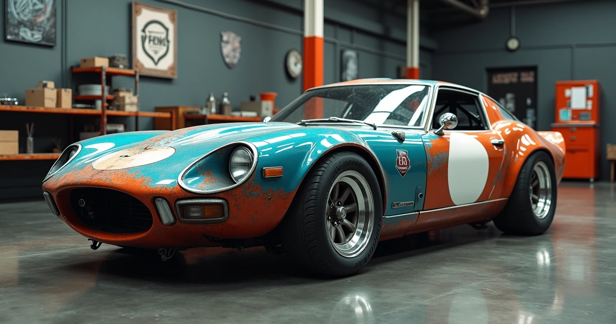 Oficina profissional de funilaria com carro sendo reparado e pintura em processo 