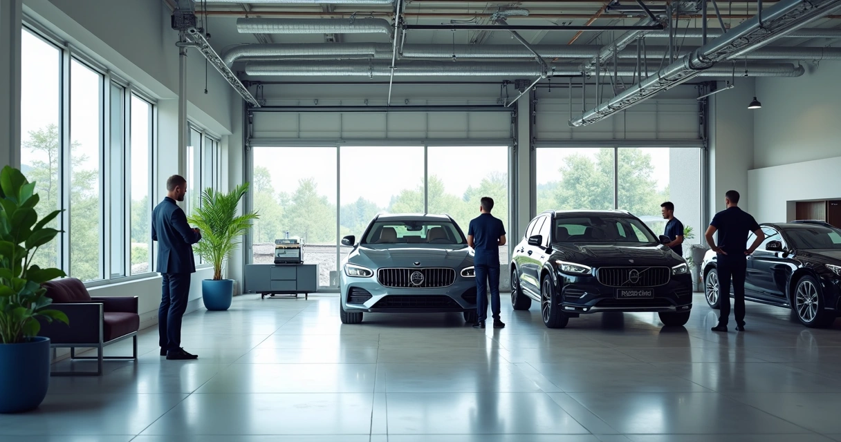 Oficina de funilaria moderna com carros em reparo 