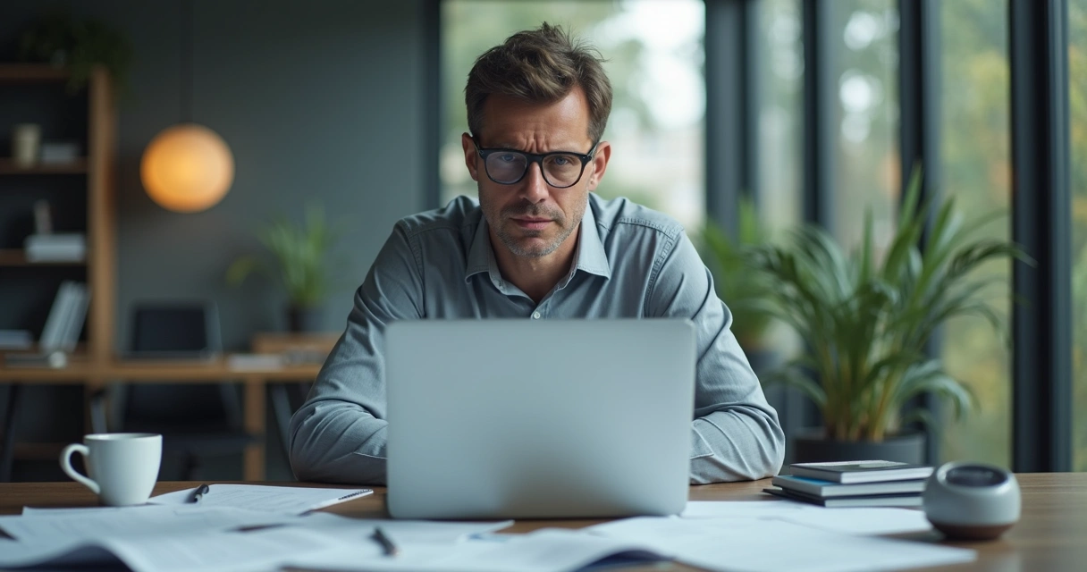Gerente sentado en una oficina moderna con rostro preocupado, mirando documentos