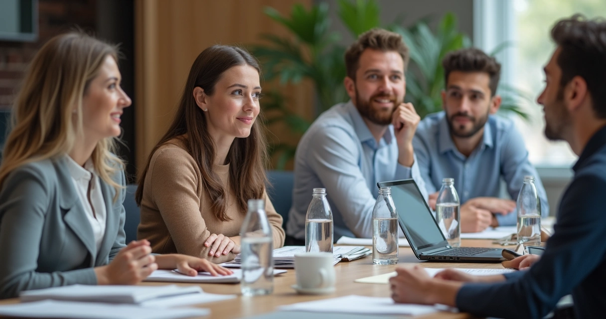 Equipo de trabajo mostrando expresiones diversas en una sala de reuniones