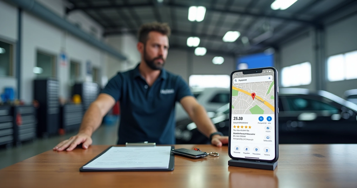 Dono de oficina consultando perfil da oficina no Google Maps no balcão de atendimento 