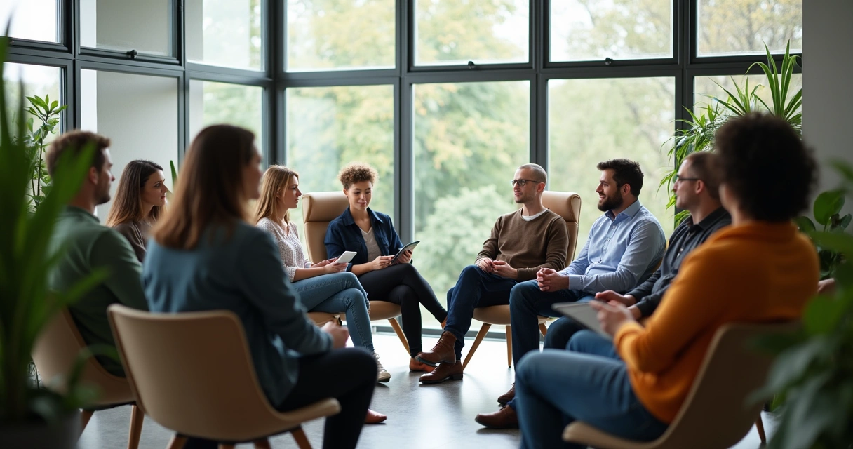 Empleados conversando sonrientes en oficina moderna