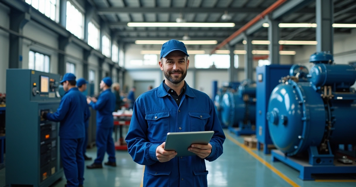 Equipe de técnicos realizando manutenção preventiva em compressores industriais 