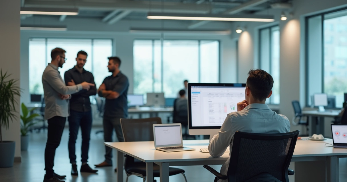 Equipo de oficina con un empleado aislado mostrando conflicto ético 