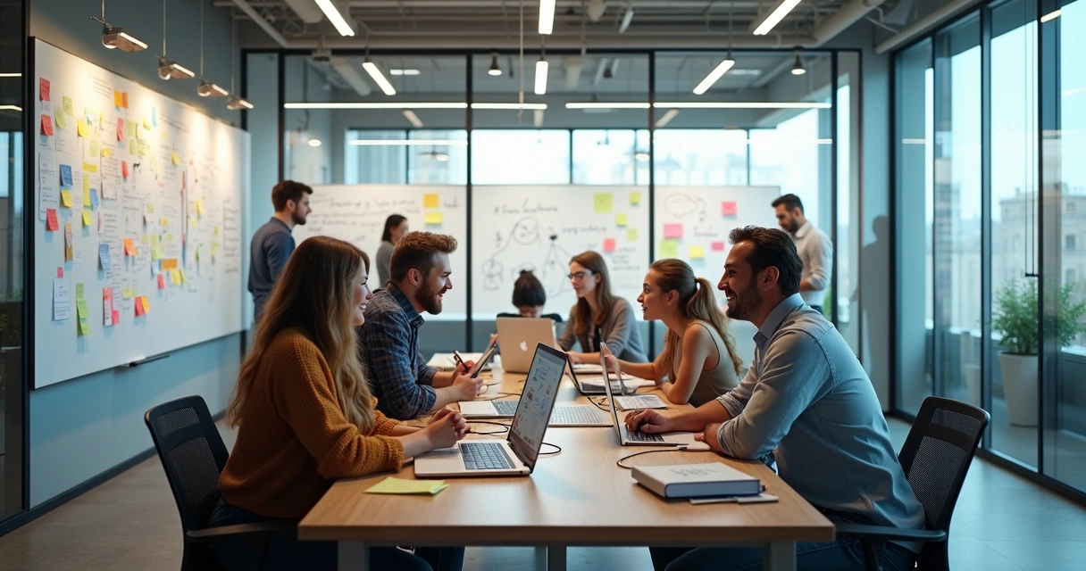 Oficina moderna con pizarras llenas de ideas y personas colaborando en grupo.