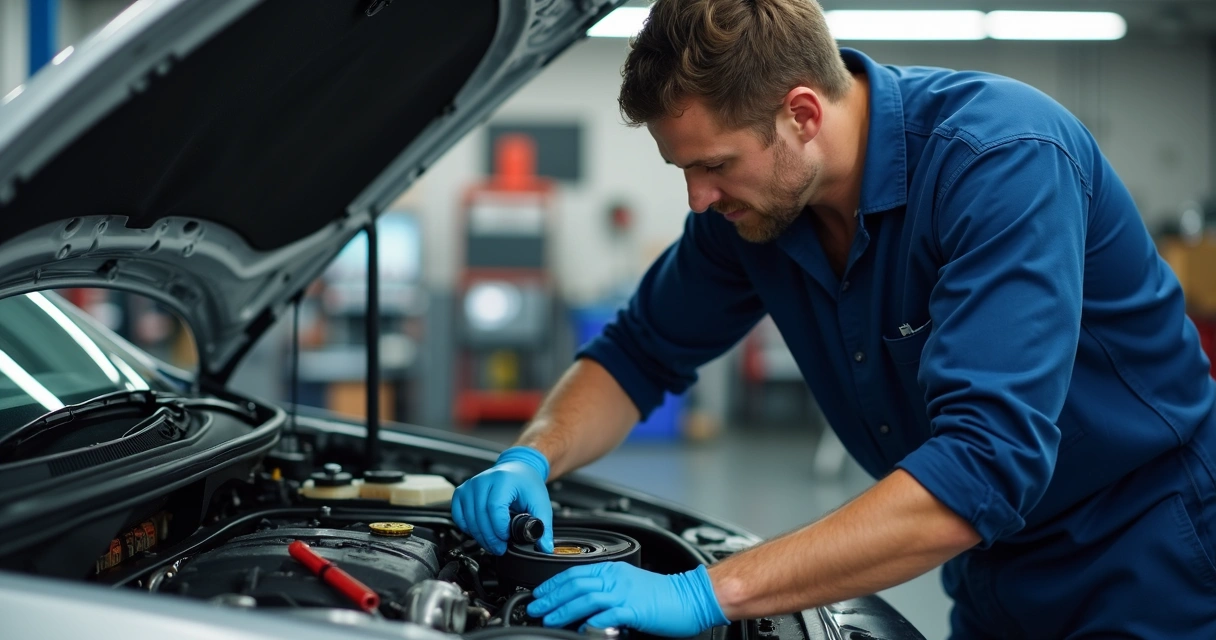 Mecânico de oficina verificando a correia dentada em motor aberto 