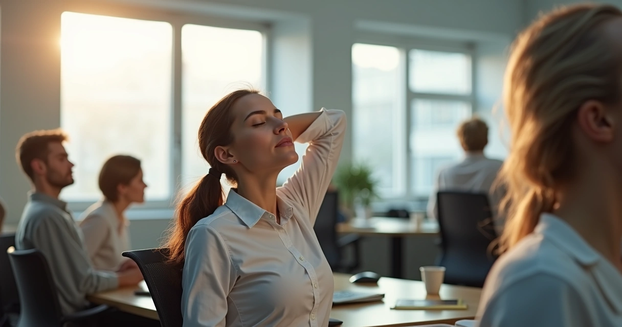 Personas en oficina tomando un momento de pausa para sentir el cuerpo 