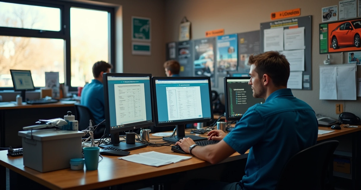 Equipe de oficina mecânica enviando lembretes em computadores 