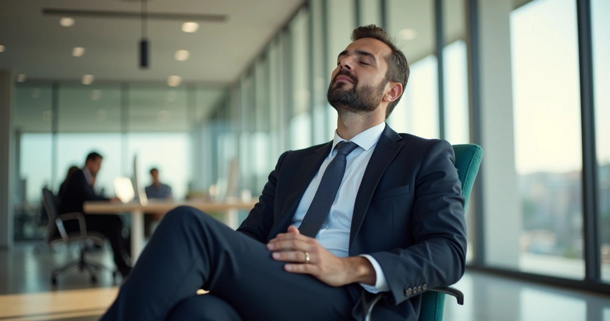 Líder sentado en oficina luminosa, ojos cerrados y manos sobre las piernas, respirando en calma