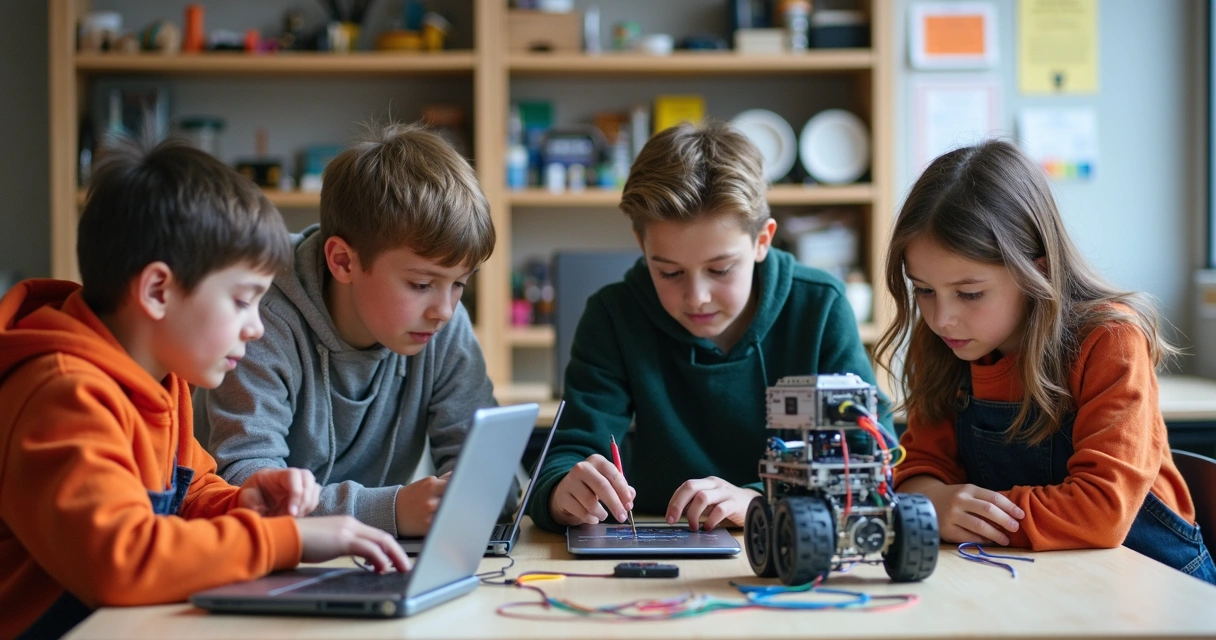 Oficina maker de robótica para alunos em escola moderna 