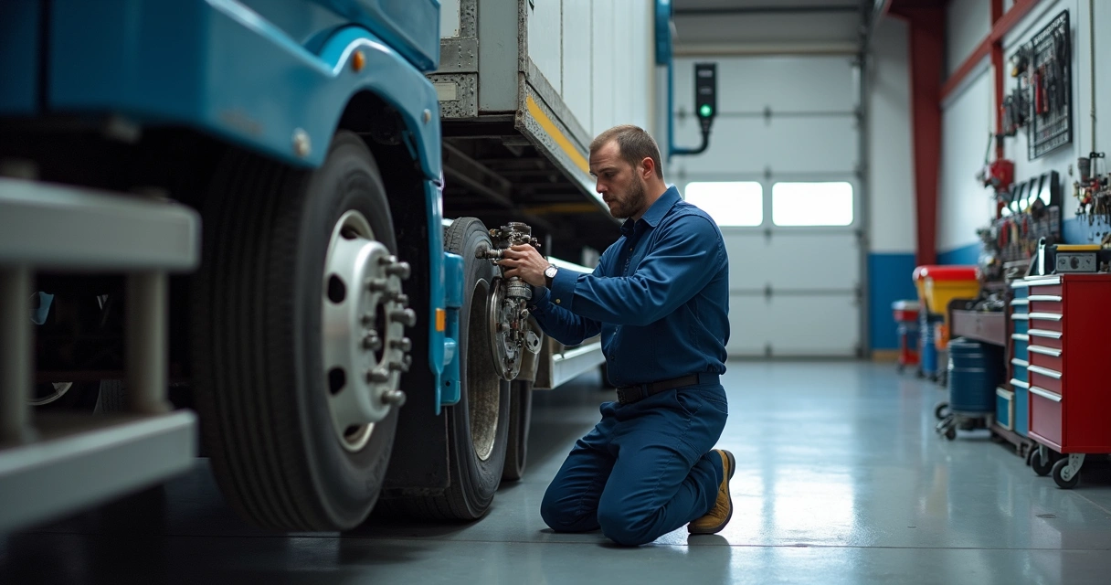 Mecânico trabalhando na troca de peças no eixo dianteiro de um caminhão em oficina iluminada 