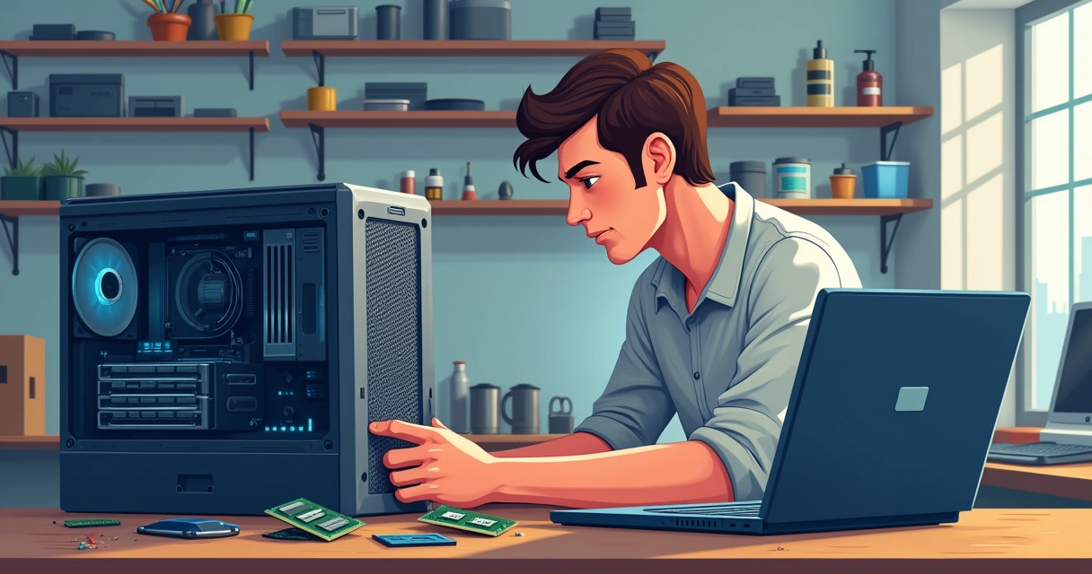 Técnico consertando computador em bancada organizada 