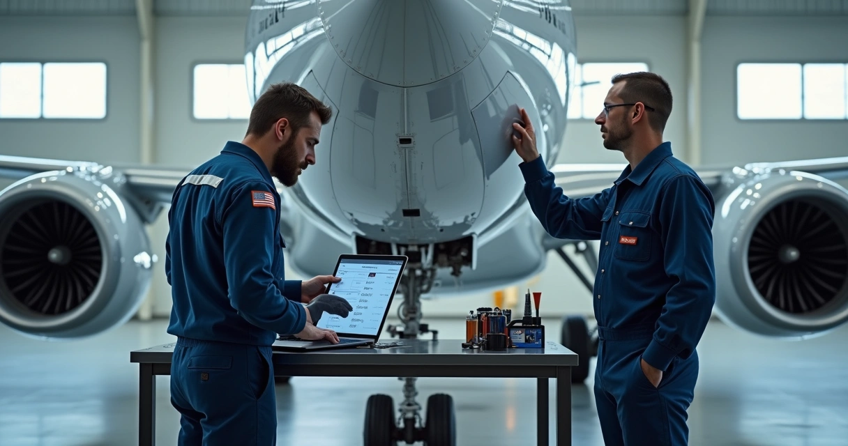 Técnicos de manutenção inspecionando aeronave em hangar 