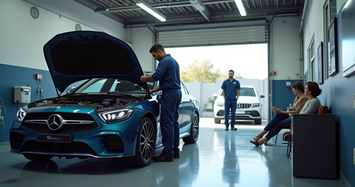 Carro recebendo manutenção preventiva em oficina 