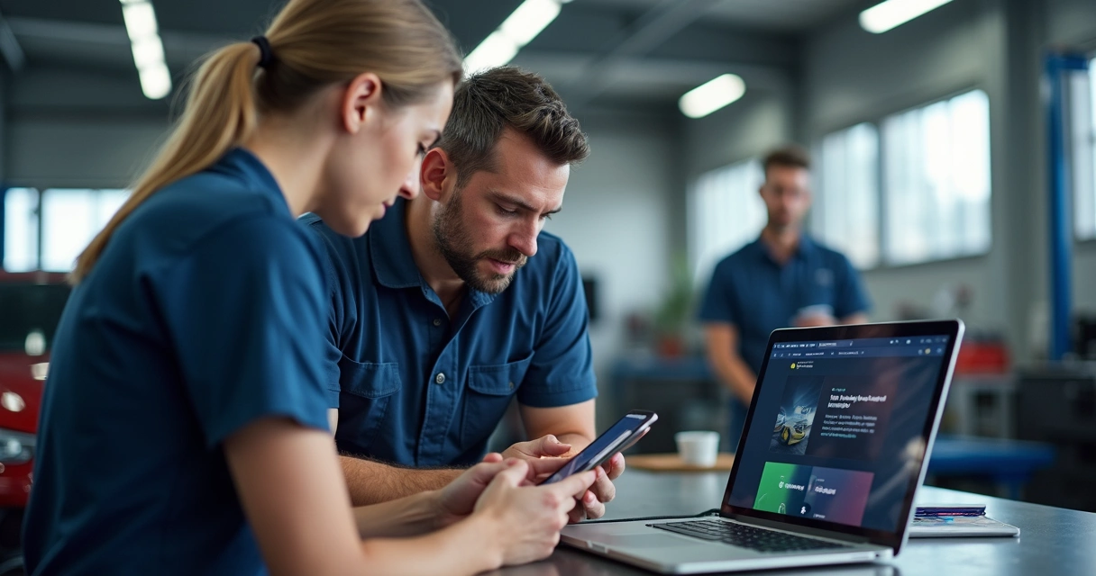 Oficina mecânica moderna com equipe atendendo cliente usando celular e notebook em ambiente limpo e organizado 
